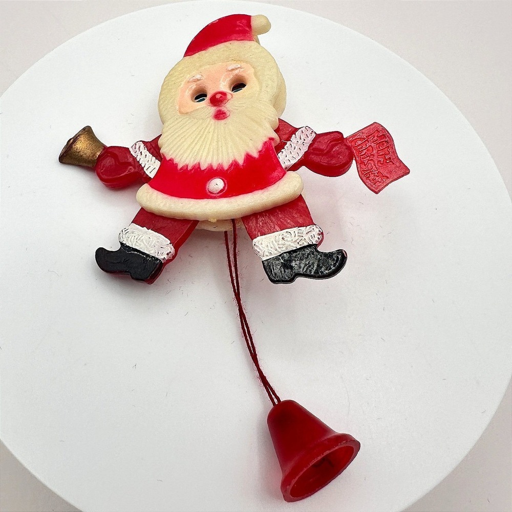 Vintage 80s Santa Claus Brooch Red White Plastic Dangle Bell Christmas Pin